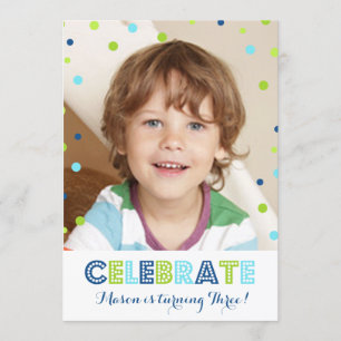 3rd Birthday Green Blue Confetti Photo Invitation