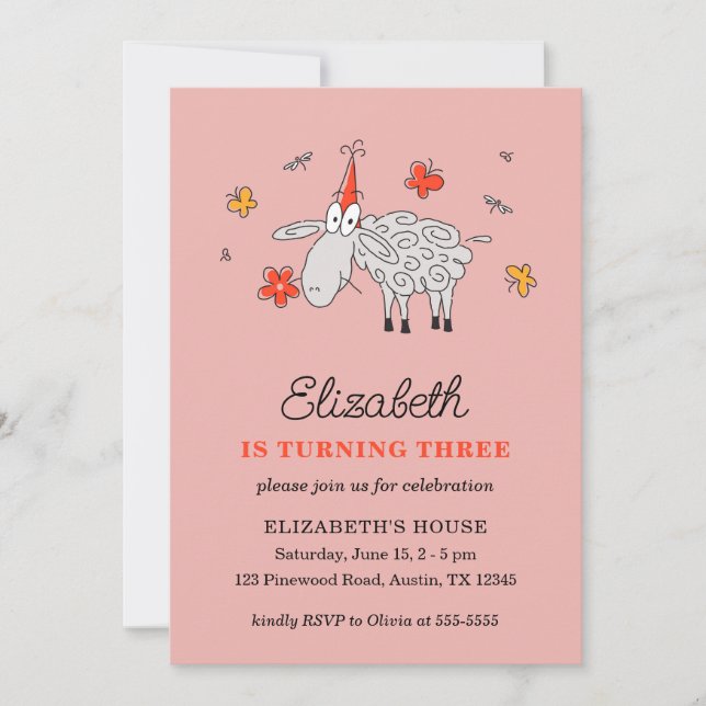 3rd Birthday Hat Cartoon Cute Sheep Flower Lamb Invitation (Front)