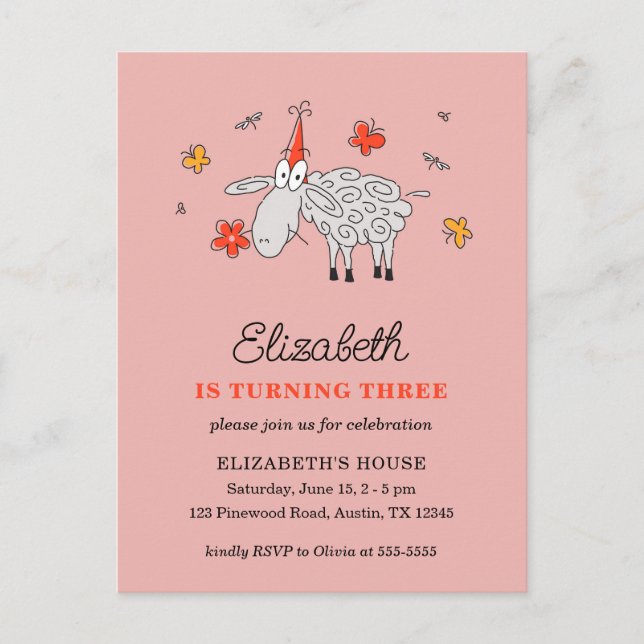 3rd Birthday Hat Cartoon Cute Sheep Flower Lamb Invitation Postcard (Front)