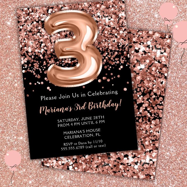 3rd Birthday Invitation Black Rose Gold Glitter (Creator Uploaded)