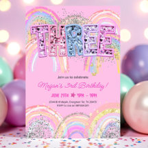 3rd Birthday Invitation Girl Editable Rainbow Sequ