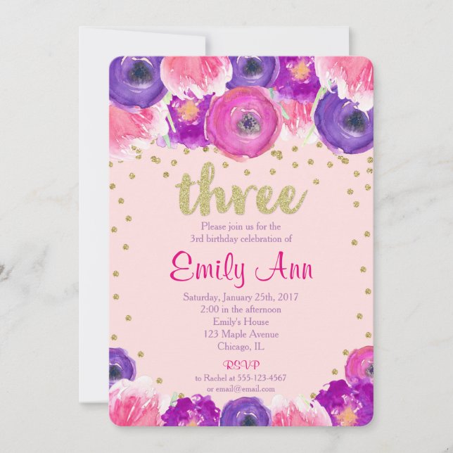3rd birthday invitation girl, pink purple gold (Front)