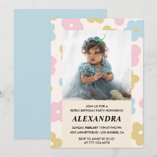 3rd birthday invitation Retro Groovy Flowers Cute