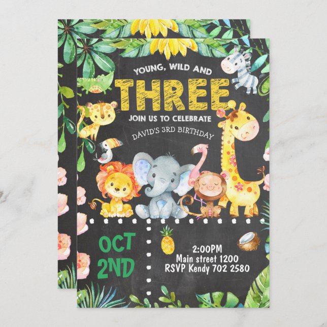 3rd Birthday Invitation Safari Animals Jungle ZOO (Front/Back)