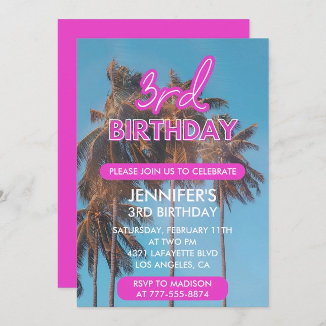 3rd birthday invitation Summer Tropical Palm tree (Front/Back)