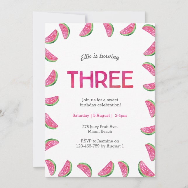 3rd Birthday Invitation | tropical watermelon pink (Front)