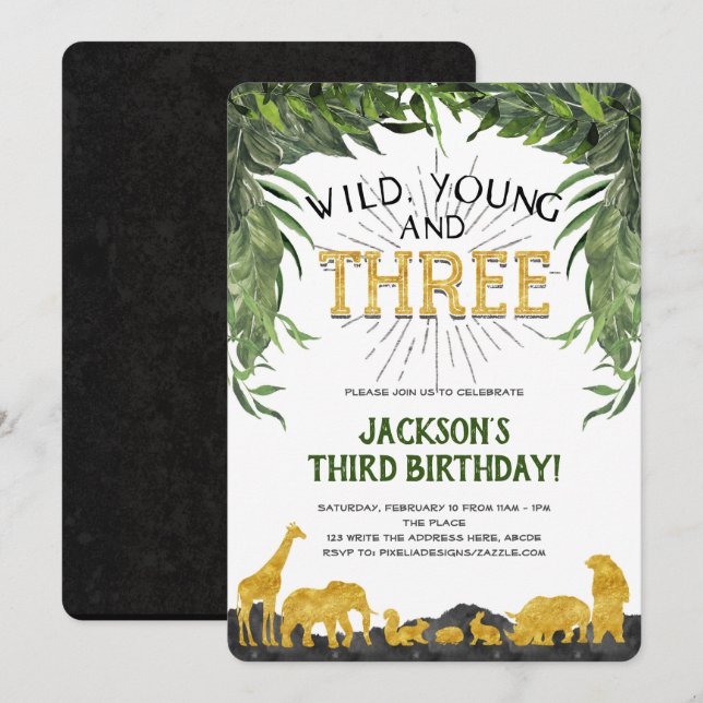 3rd birthday invitation, Wild young and three Invitation (Front/Back)