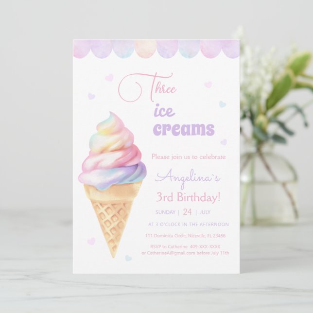 3rd birthday invitation with ice cream. (Standing Front)