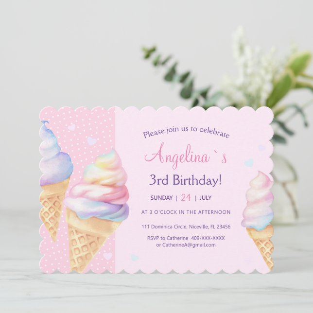 3rd birthday invitation with ice cream. (Standing Front)