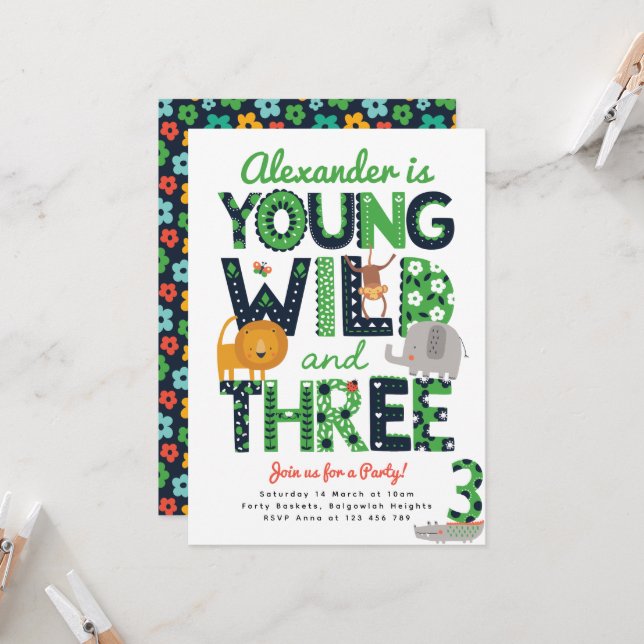 3rd Birthday Invite, Young Wild Three, Safari 3rd Invitation (Front/Back In Situ)