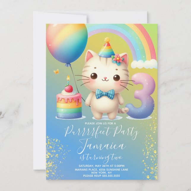 3rd Birthday Kitten Rainbow Party Invitation (Front)