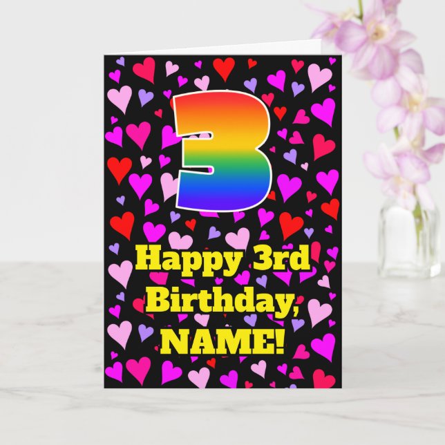 3rd Birthday: Loving Hearts Pattern, Rainbow # 3 Card (Orchid)