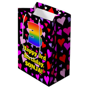 3rd Birthday: Loving Hearts Pattern, Rainbow # 3 Medium Gift Bag