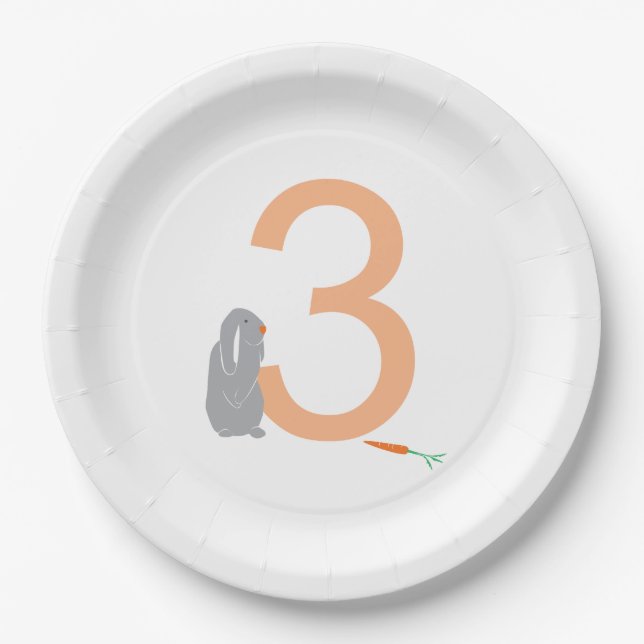 3rd Birthday Modern Grey Bunny Party Plates (Front)