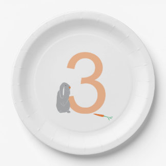 3rd Birthday Modern Minimal Grey Bunny Paper Plate