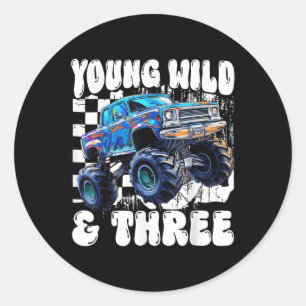 3rd Birthday Monster Truck Young Wild And Three 3  Classic Round Sticker