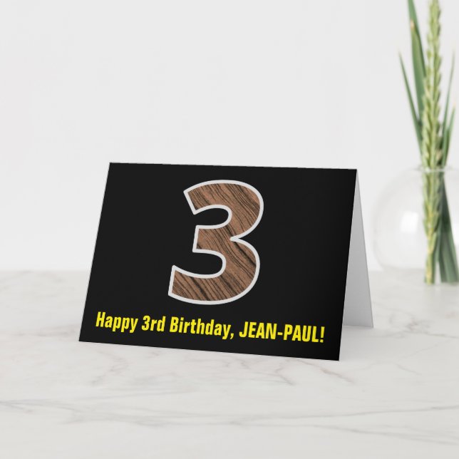 3rd Birthday: Name + Faux Wood Grain Pattern "3" Card (Front)