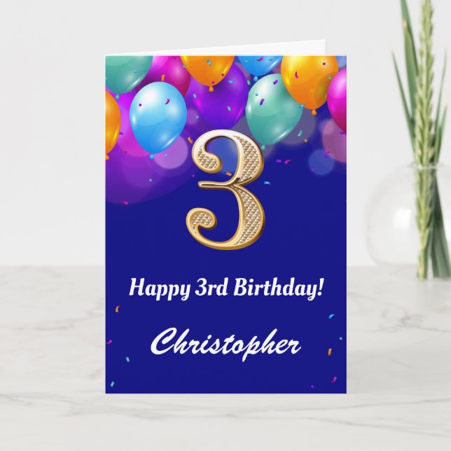 3rd Birthday Navy Blue and Gold Colourful Balloons Card (Front)