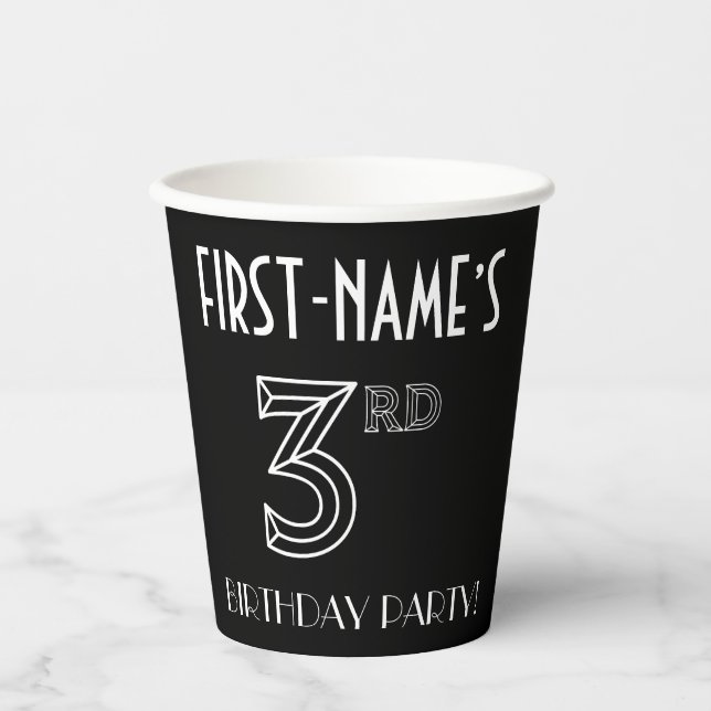 3rd Birthday Party: Art Deco Style + Custom Name Paper Cups (Front)