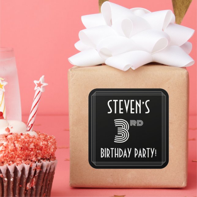3rd Birthday Party: Art Deco Style & Custom Name Square Sticker (Party)