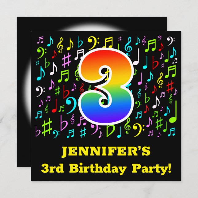 3rd Birthday Party: Fun Music Symbols, Rainbow 3 Invitation (Front/Back)