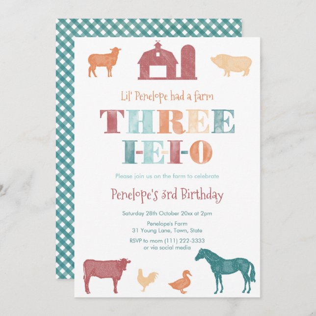3rd Birthday Party Gender Neutral Three IEIO Farm Invitation (Front/Back)