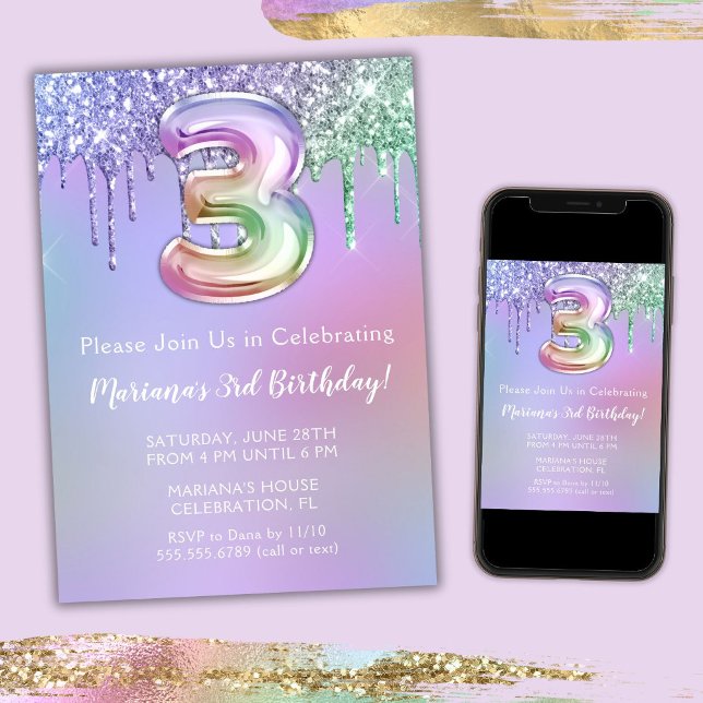 3rd Birthday Party Invitation Purple Pink Glitter (Creator Uploaded)