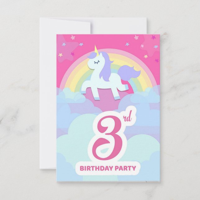 3rd Birthday Party Invitations - Unicorn & Rainbow (Front)