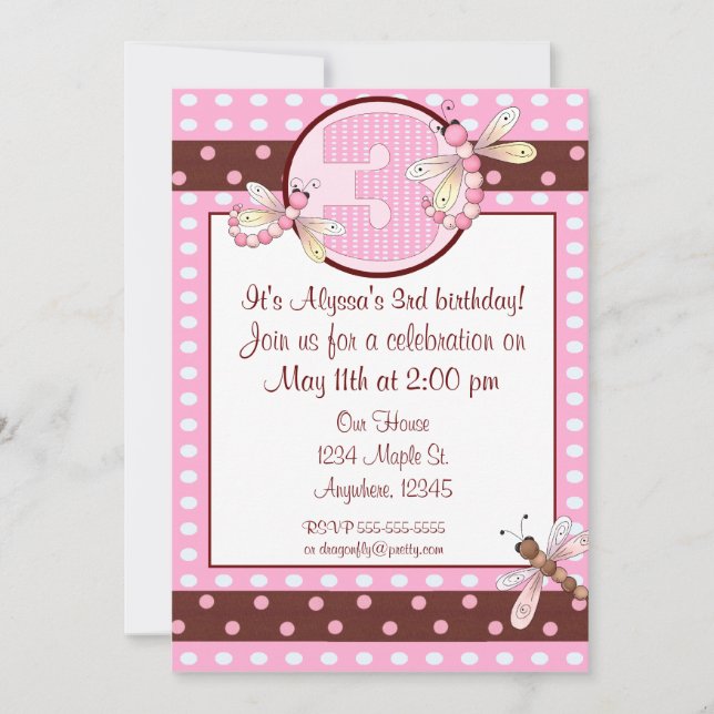 3rd birthday party pink dot dragonfly girls invite (Front)