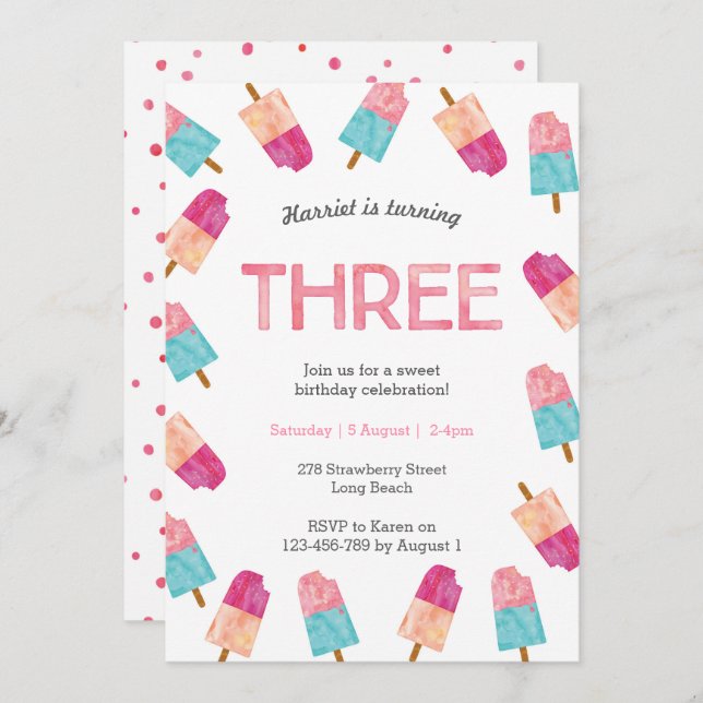 3rd Birthday Party | Popsicle Ice cream invitation (Front/Back)