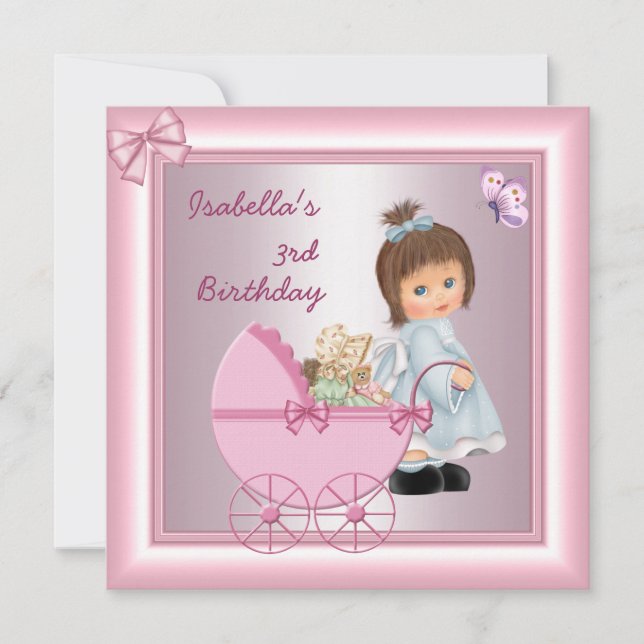 3rd Birthday Party Pretty Pink Girl Invitation (Front)