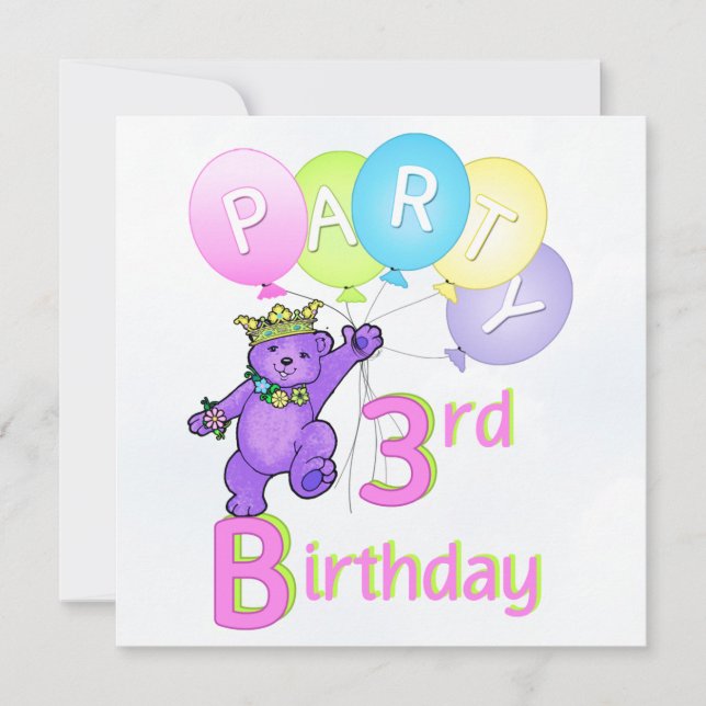 3rd Birthday Party Princess Bear Balloons Invitation (Front)