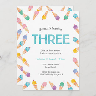 3rd Birthday Party   Rainbow Ice cream invitation