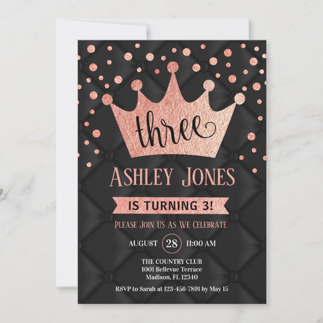 3rd Birthday Party - Royal Black Rose Gold Invitation (Front)