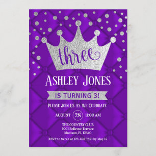 3rd Birthday Party - Royal Purple Silver Invitation