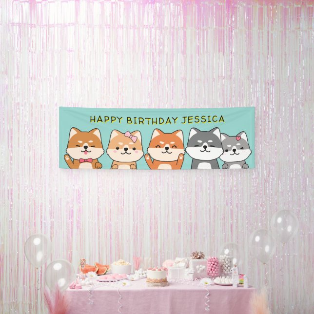 3rd Birthday Party Shiba Inu Puppies Customisable Banner (Party)