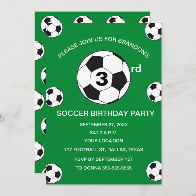3rd Birthday Party Soccer Green Boys Sports Invitation (Front/Back)