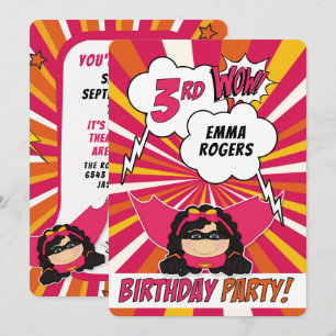 3rd Birthday Party Superhero Pink Comic for Girls Invitation