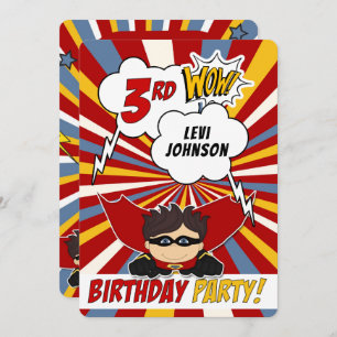 3rd Birthday Party Superhero Red Comic for Boys Invitation