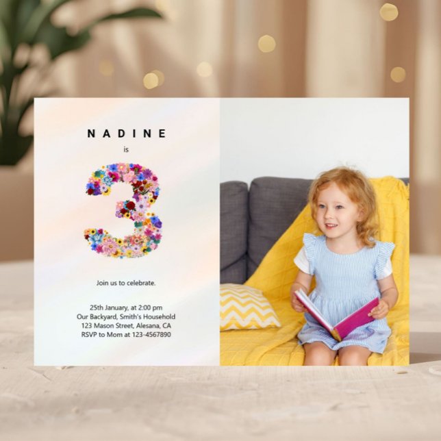 3rd Birthday Pastel Pink Florals Photo Invitation (Floral 3rd Birthday Invitation, Blush Pink Invitation, Third Birthday Invites for Girl)