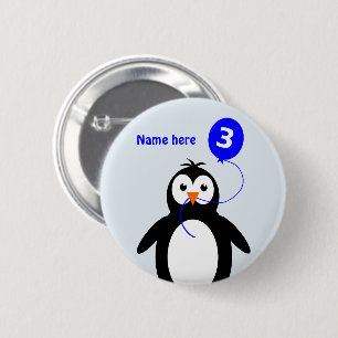 3rd birthday penguin add name blue 6 cm round badge