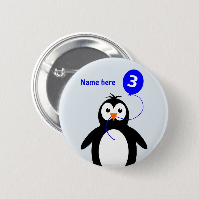3rd birthday penguin add name blue 6 cm round badge (Front & Back)
