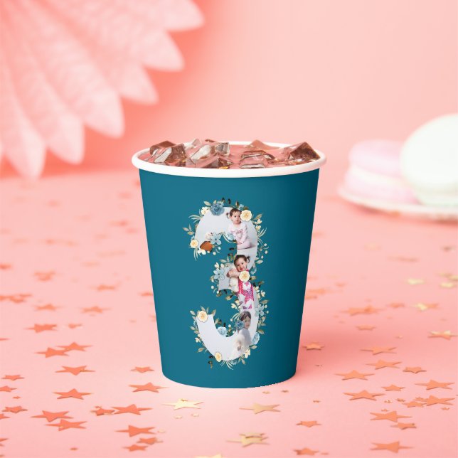 3rd Birthday Photo Collage Blue Yellow Flower Teal Paper Cups (Insitu)