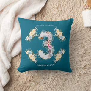 3rd Birthday Photo Collage Teal Blue Yellow Flower Cushion