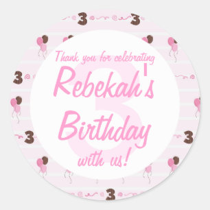 3rd Birthday Pink Balloons and Swirls Thank You Classic Round Sticker