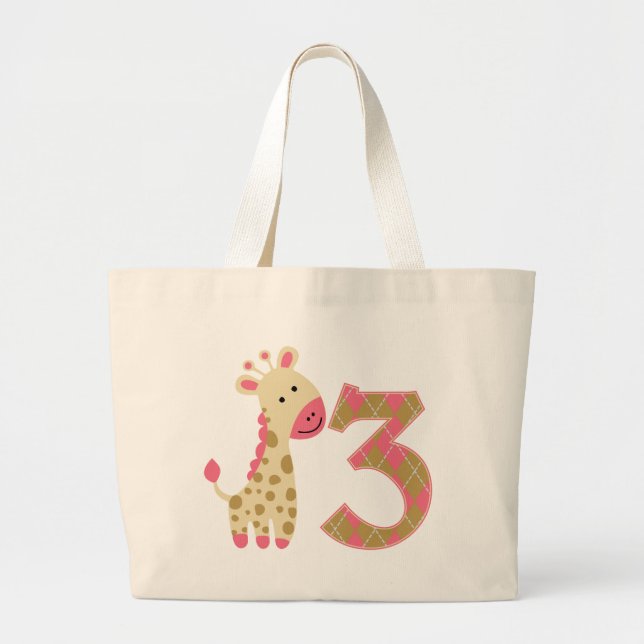 3rd Birthday Pink Giraffe Large Tote Bag (Front)