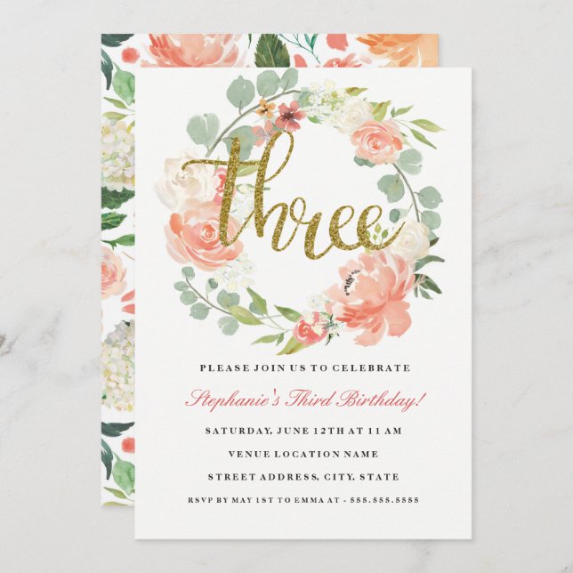 3rd Birthday Pink Gold Floral Wreath Invitation (Front/Back)