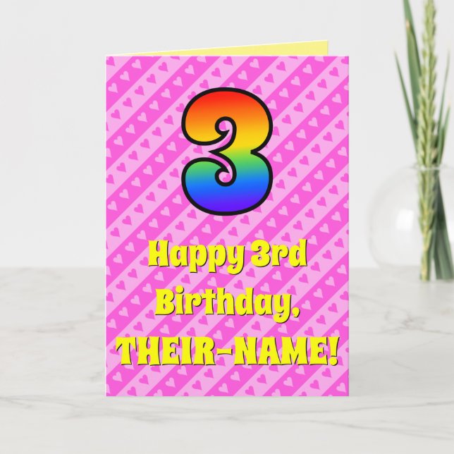 3rd Birthday: Pink Stripes & Hearts, Rainbow # 3 Card (Front)