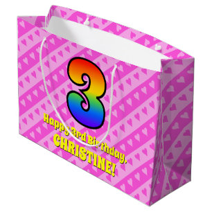 3rd Birthday: Pink Stripes & Hearts, Rainbow # 3 Large Gift Bag