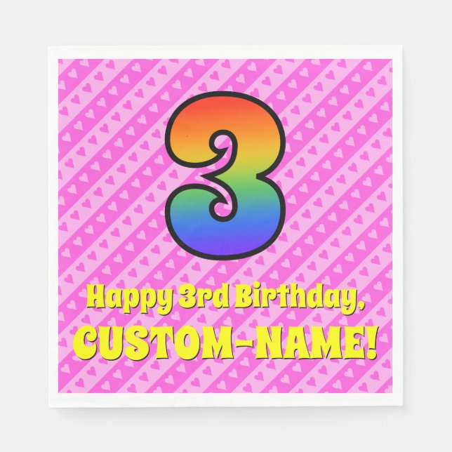 3rd Birthday: Pink Stripes & Hearts, Rainbow # 3 Napkin (Front)